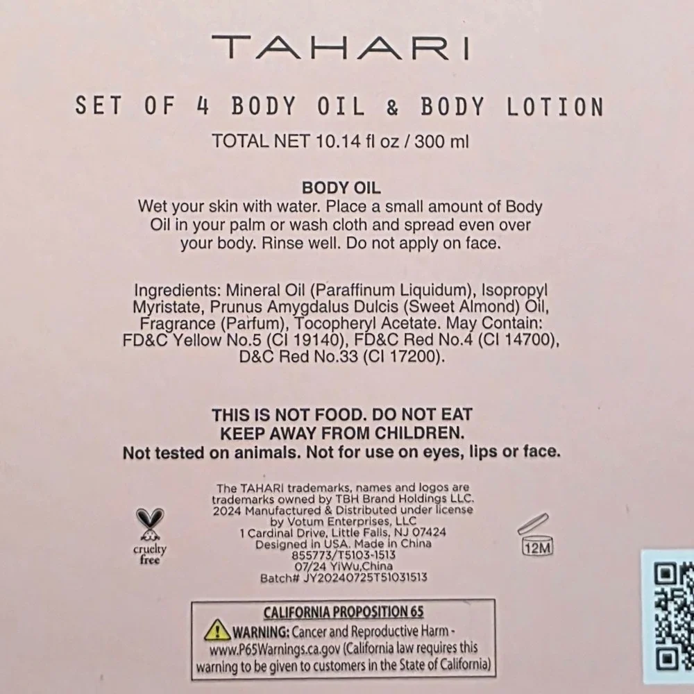 Tahari Body Oil Lotion Gift 4 Pack Pink Peony Almond Rose Blossom Vanilla Rose